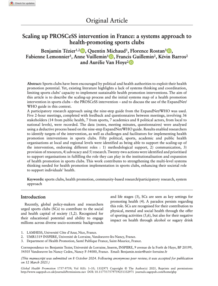 Scaling up PROSCeSS intervention in France: a systems approach to health-promoting sports clubs